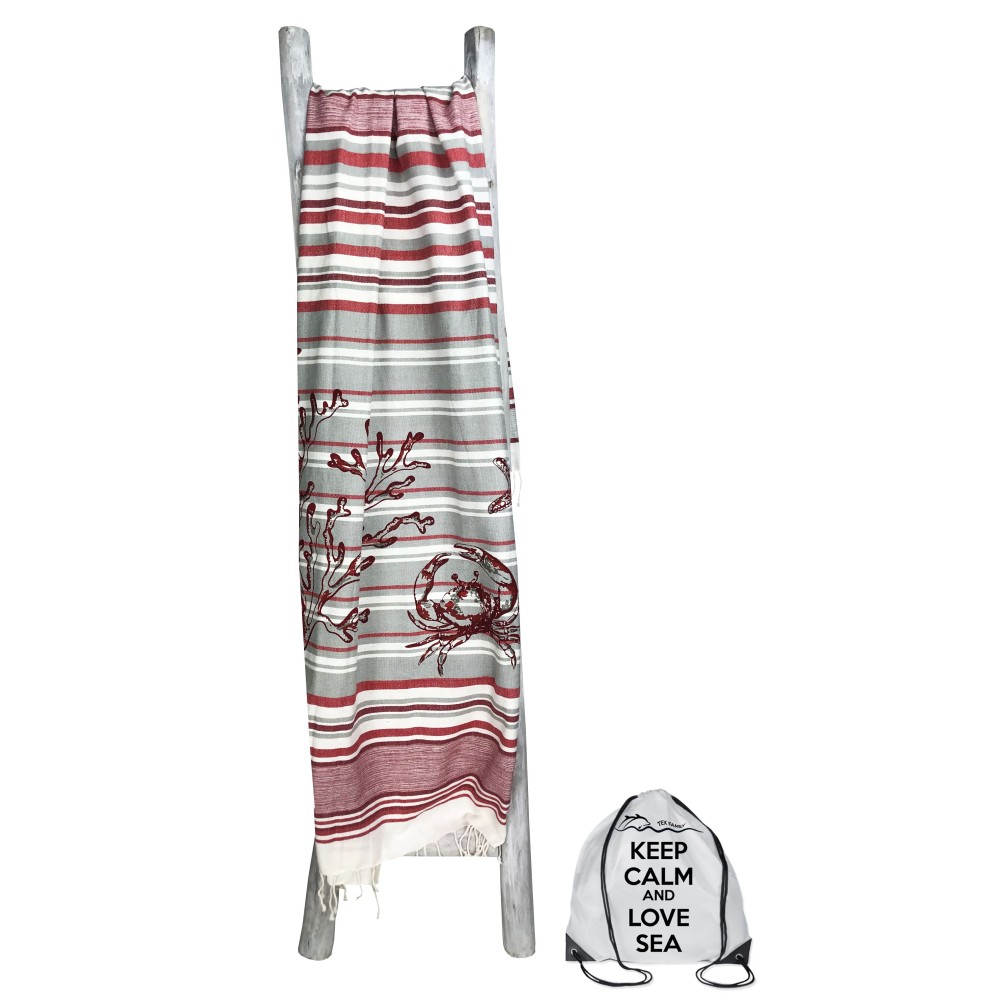 TELO MARE FOUTA GRANCHIO Rosso misura GRANDE con zaino Spiaggia KEEP CALM CM.100X200