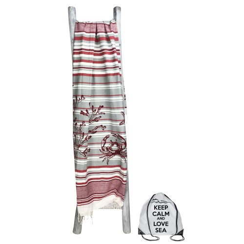 BEACH TOWEL FOUTA CRAB Red size LARGE with backpack Beach KEEP CALM CM.100X200