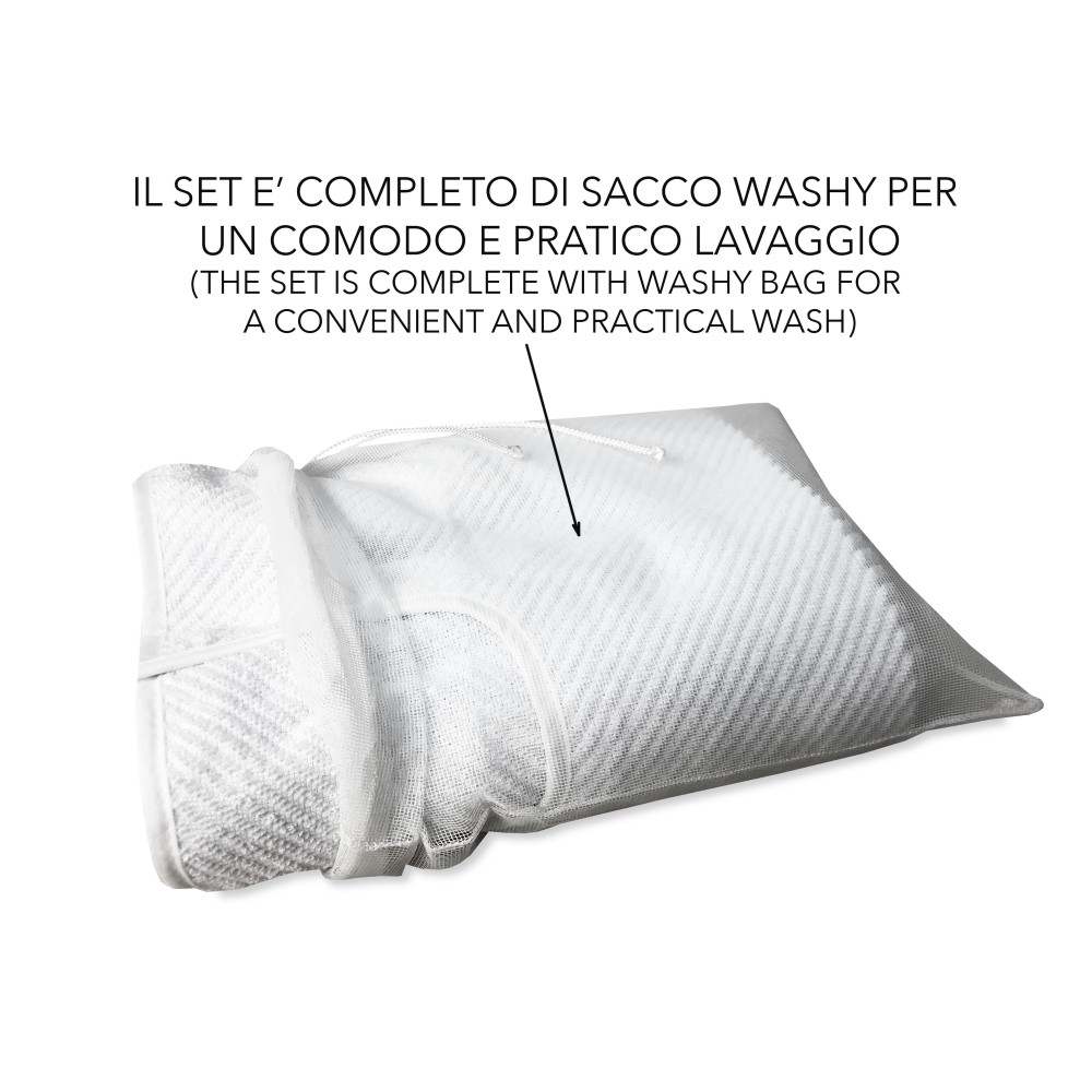 SET BAVAGLIONE ADULTO tinta unita bianco ROMOLO © bavaglio con LACCI completo di sacco per il lavaggio