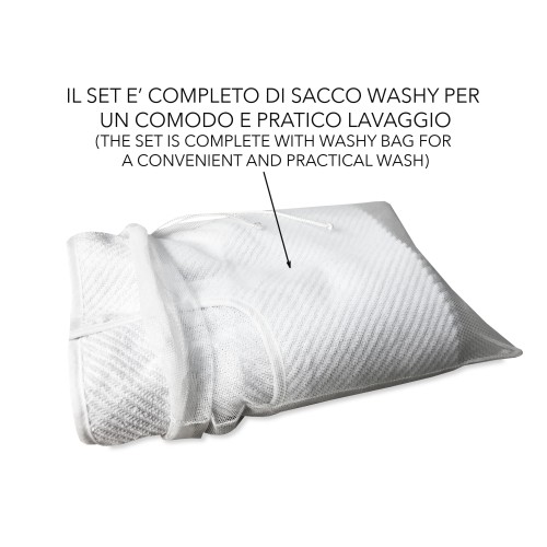 SET BAVAGLIONE ADULTO tinta unita bianco ROMOLO © bavaglio con LACCI completo di sacco per il lavaggio