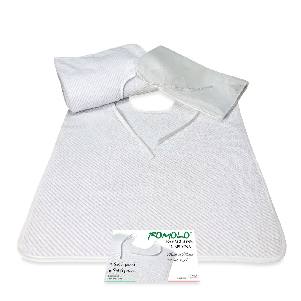 SET DE BABEROS PARA ADULTO mordaza ROMOLO © blanco sólido con cordones completo con bolsa de lavado