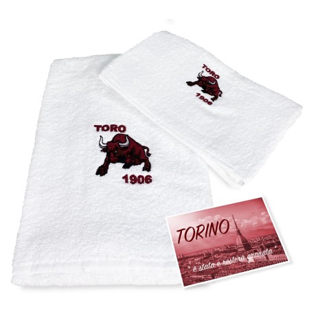 PAIR OF EMBROIDERED TOWELS TAURUS 1906 and postcard TORINO IS