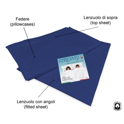 Juego de sábanas STRONG SHEETS color liso AZUL OSCURO puro ALGODÓN Made in Italy