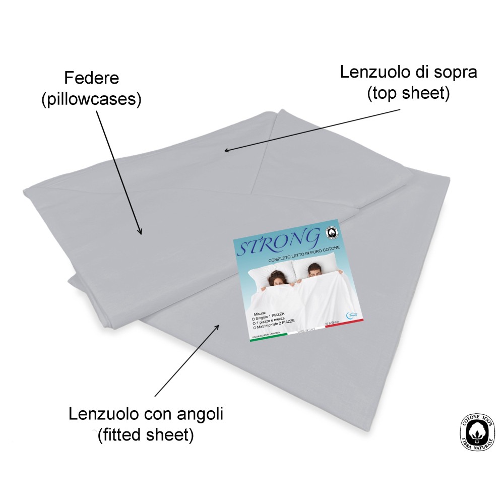 Set de Draps de Lit en Coton en couleur unie gris STRONG fabriqué en Italie