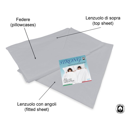 BETTWÄSCHE SET STRONG SHEETS einfarbig GRAU reine BAUMWOLLE Made in Italy