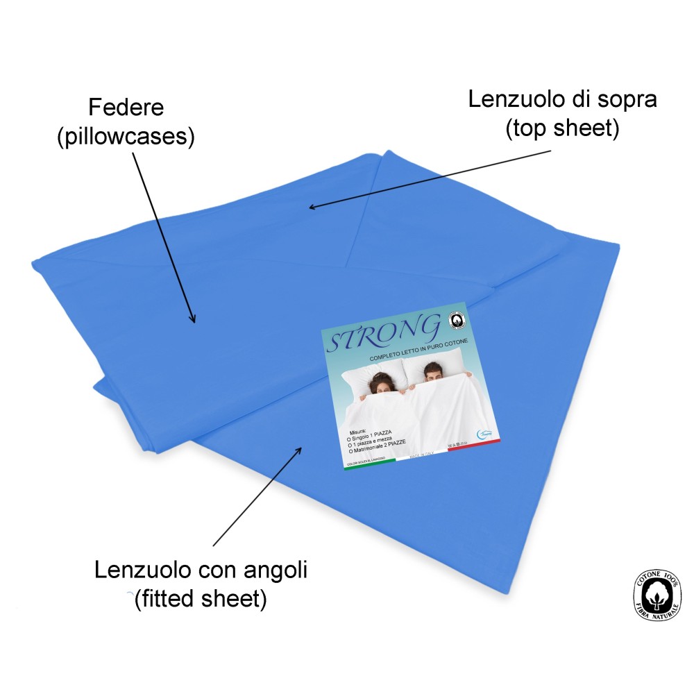 COMPLETO lenzuolo STRONG LENZUOLA tinta unita BLUETTE puro COTONE Made in Italy