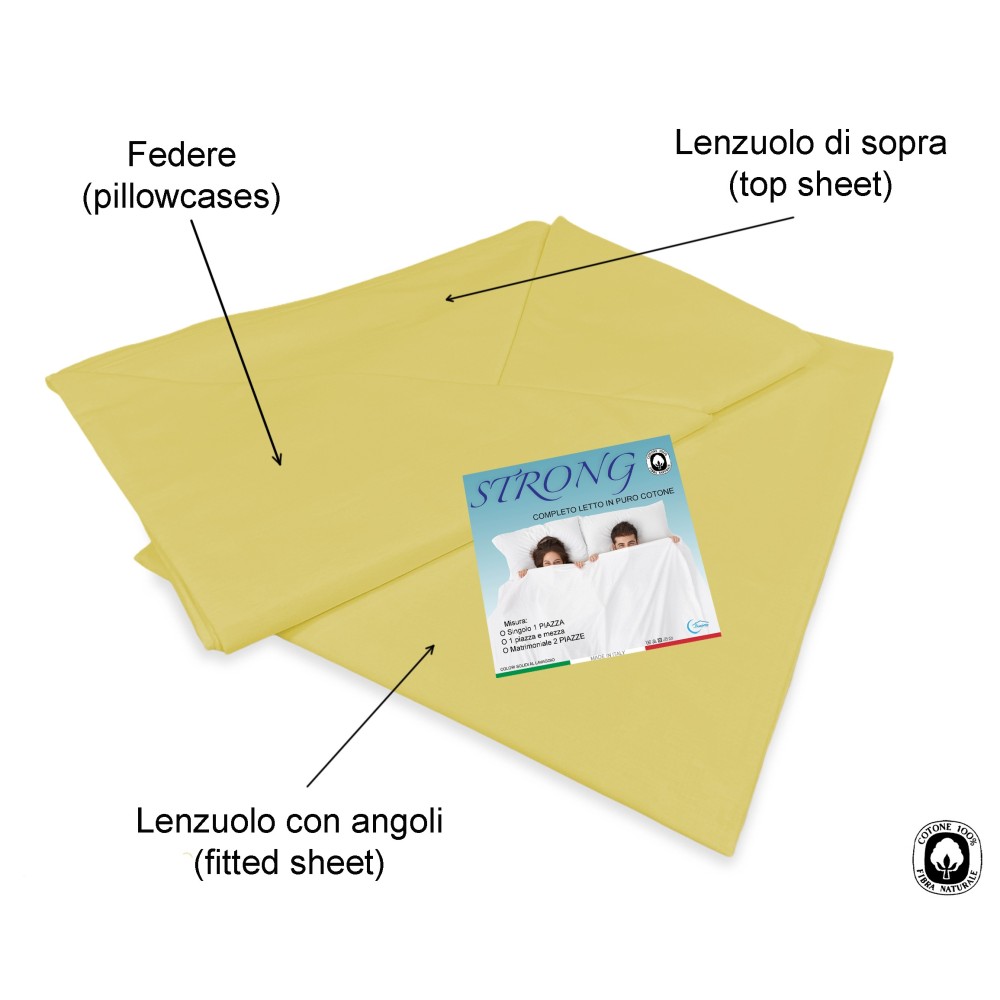 COMPLETO lenzuolo STRONG LENZUOLA tinta unita GIALLO puro COTONE Made in Italy