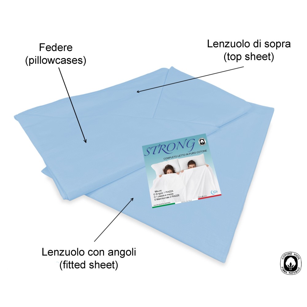 Juego de sábanas STRONG SHEETS color liso AZUL CLARO puro ALGODÓN Made in Italy