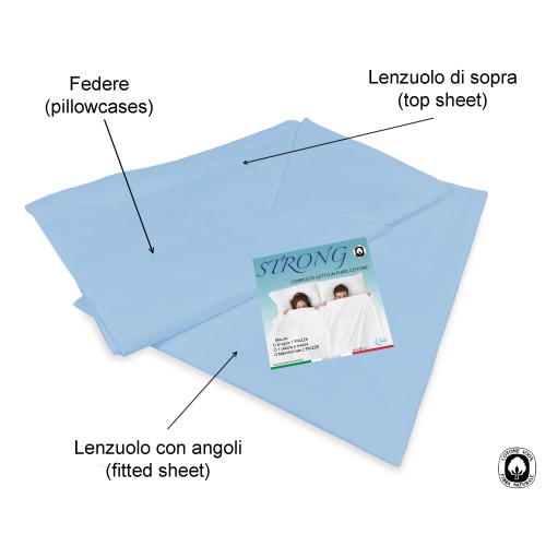 Juego de sábanas STRONG SHEETS color liso AZUL CLARO puro ALGODÓN Made in Italy