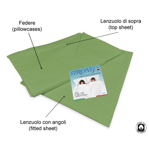 JUEGO DE SÁBANAS SÁBANAS FUERTES liso PRAIRIE GREEN puro ALGODÓN Hecho en Italia