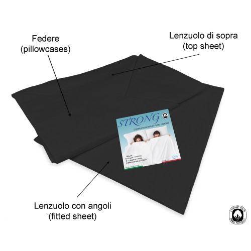 JUEGO DE SÁBANAS SÁBANAS FUERTES color liso NEGRO ALGODÓN puro Hecho en Italia