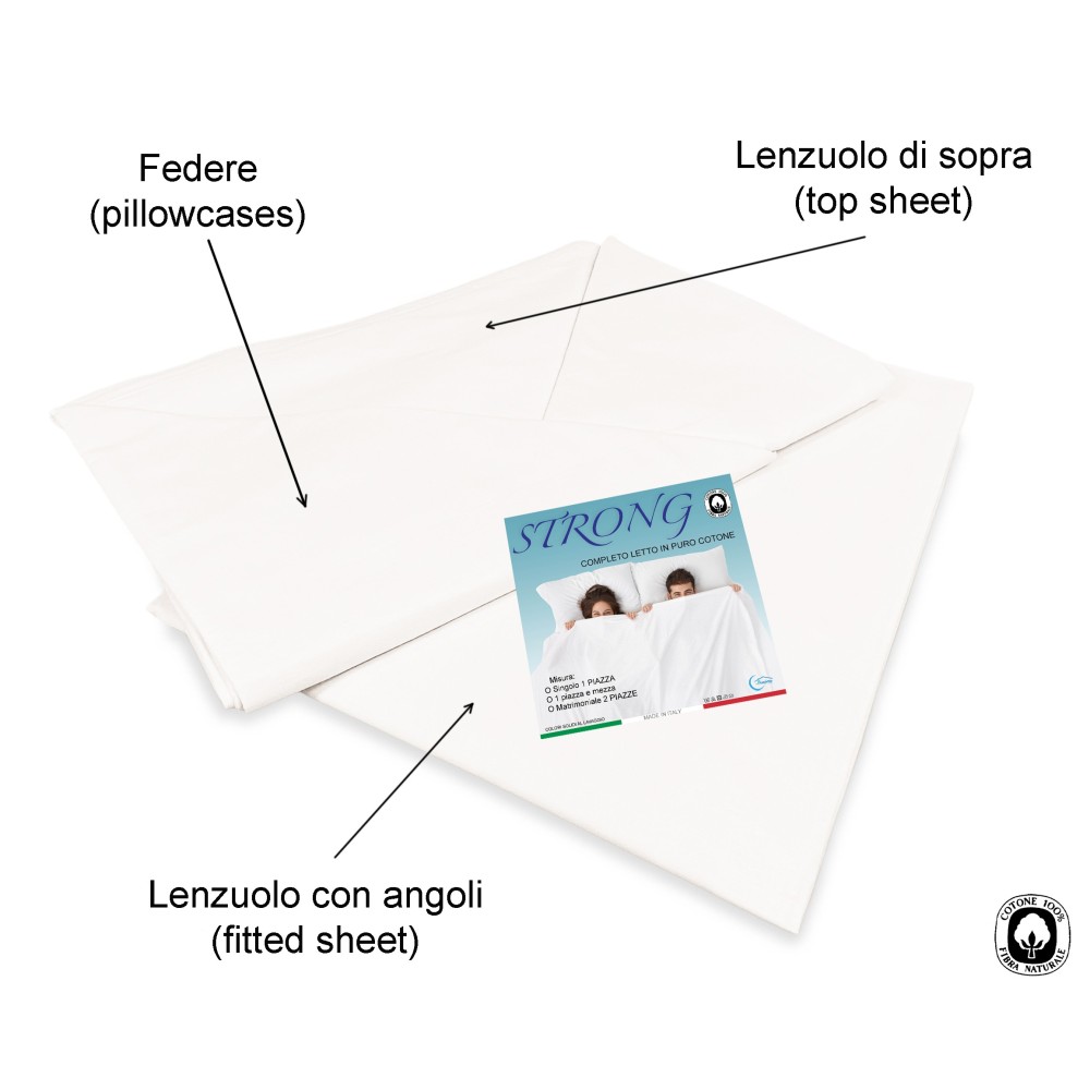 Set de Draps de Lit en Coton en couleur unie blanc STRONG fabriqué en Italie