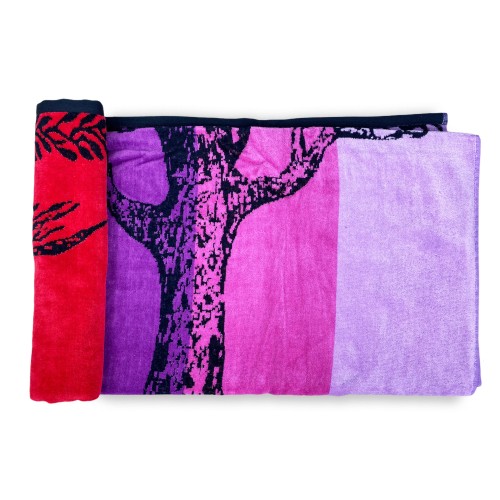 TOALLA DE PLAYA en rizo de algodón puro ÁRBOL DE LA VIDA ROJO y MORADO tamaño grande cm. 90 X 170 y mochila de playa