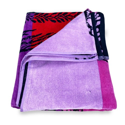 STRANDTUCH aus reinem Baumwollfrottee TREE OF LIFE RED und PURPLE Größe Large cm. 90 X 170 und Strandrucksack
