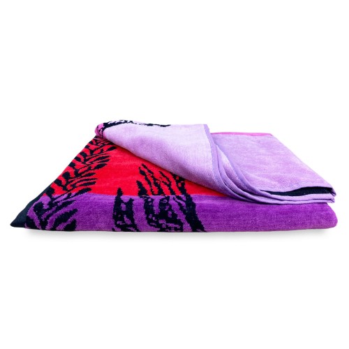 STRANDTUCH aus reinem Baumwollfrottee TREE OF LIFE RED und PURPLE Größe Large cm. 90 X 170 und Strandrucksack