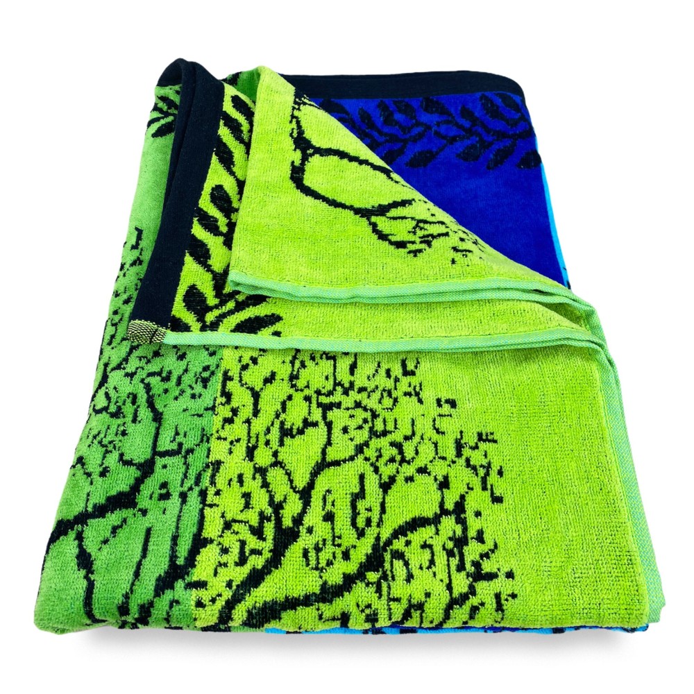 TOALLA DE PLAYA en rizo de puro algodón TREE OF LIFE AZUL y VERDE tamaño grande cm. 90 X 170 y mochila de playa