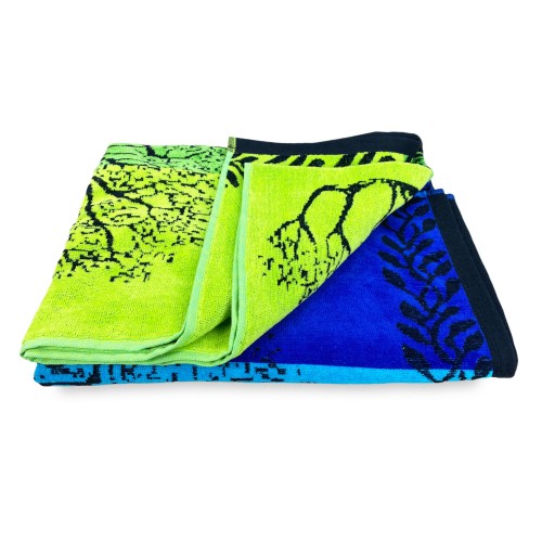 TOALLA DE PLAYA en rizo de puro algodón TREE OF LIFE AZUL y VERDE tamaño grande cm. 90 X 170 y mochila de playa