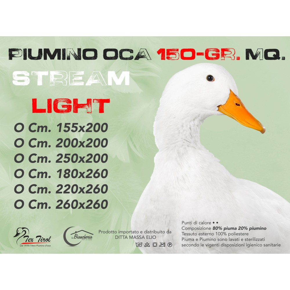 PIUMINO OCA Stream ESTIVO Leggero 150 GR. 80% PIUMA OCA 20% PIUMINO OCA Bianco