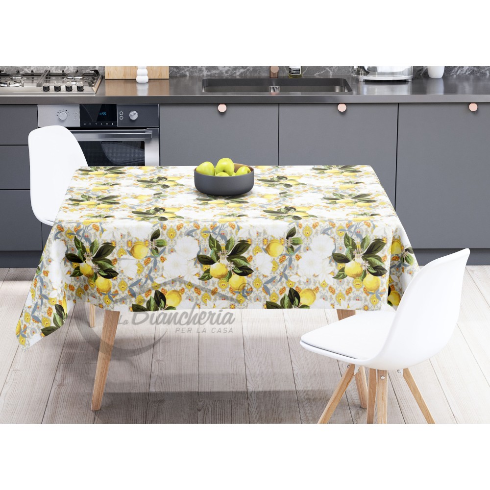 TABLECLOTH LIMA © in water-repellent plastic-coated waxed canvas in PVC LEMONS made in Italy