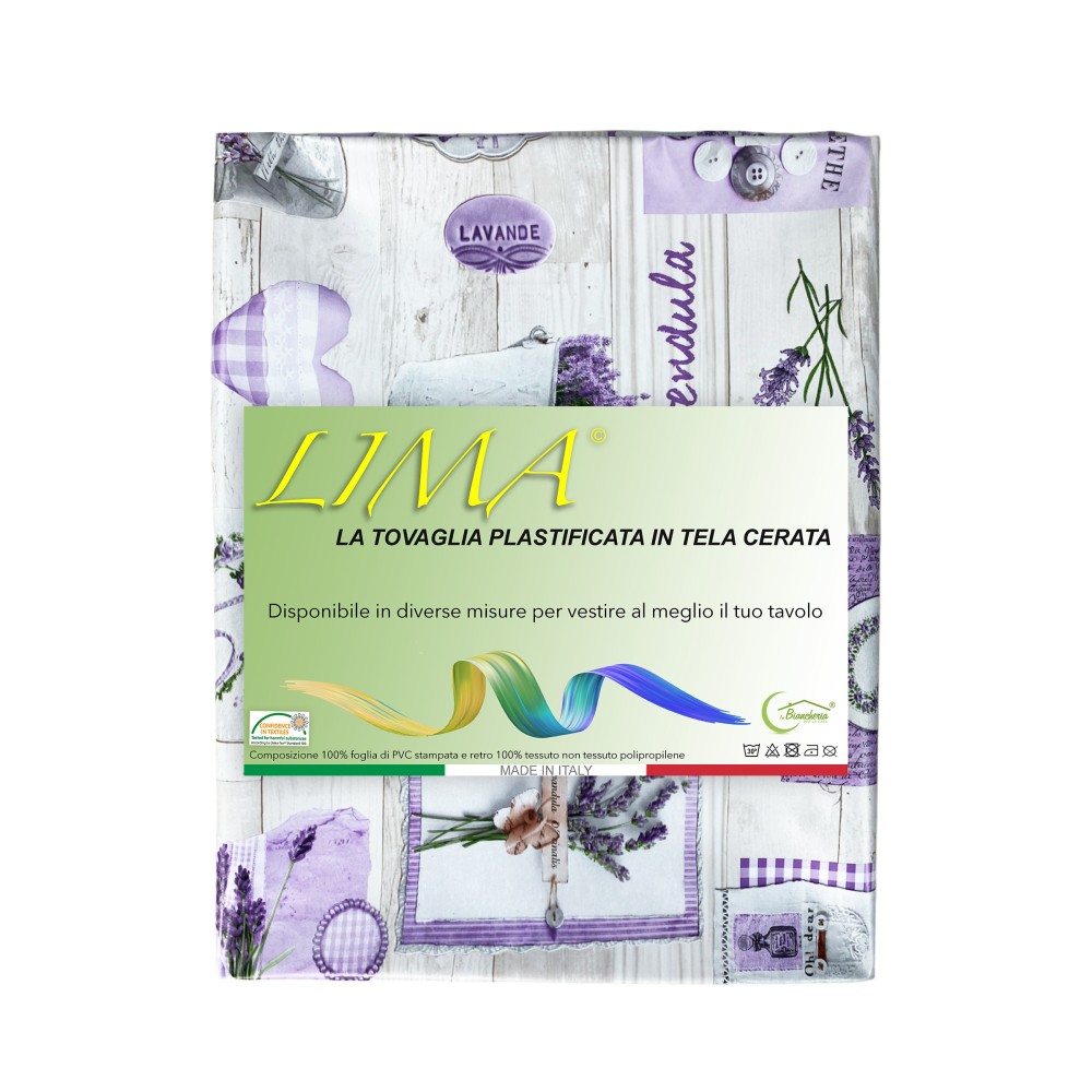 LIMA © TABLECLOTH in water-repellent plastic-coated waxed canvas in LAVENDER PVC made in Italy