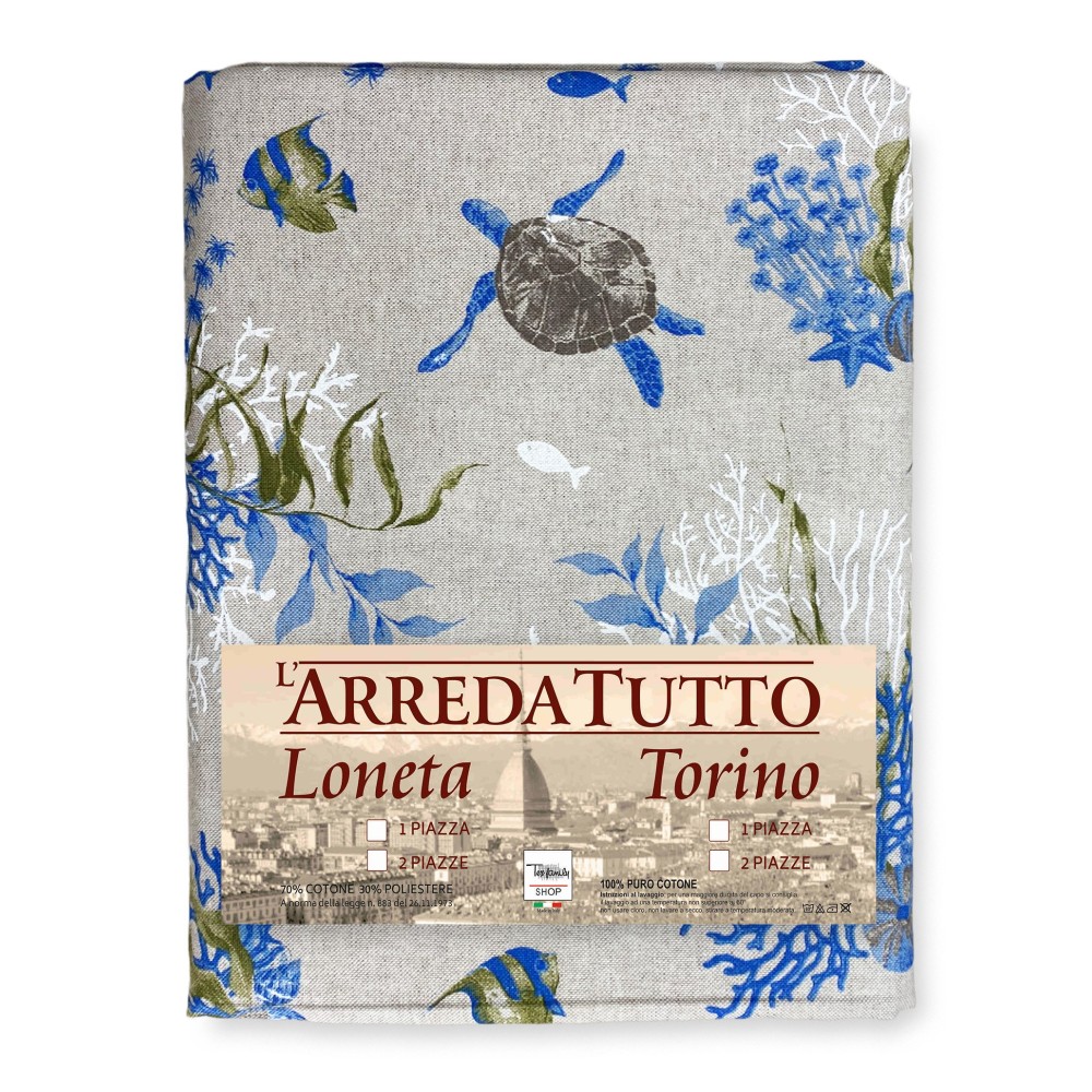 BADEN BEZUG GRAN SCARF Tagesdecke Sofabezug DORY Stoff TURTLES und CORALS blau