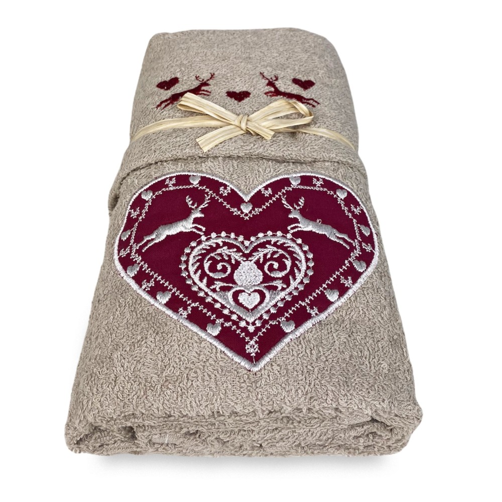 TOWEL SET TYROLEAN TYROL HEART DEER TAUPE