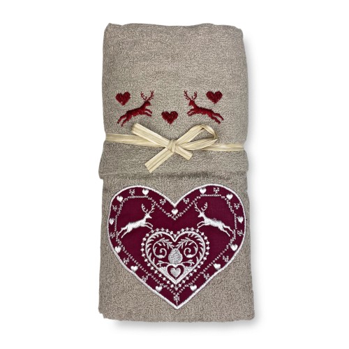SET asciugamani TIROLO tirolese CUORE CERVO tortora