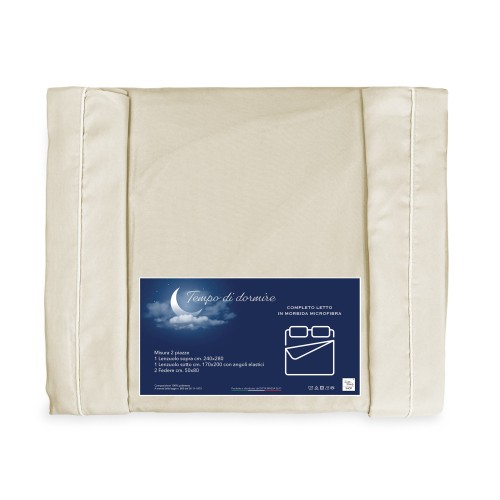 COMPLETO LENZUOLO in morbida microfibra TINTA unita BEIGE Matrimoniale 2 PIAZZE no stiro