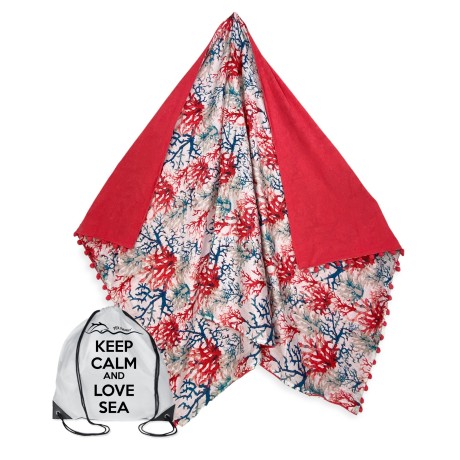 Kikoy beach towel printed with blue and pink corals