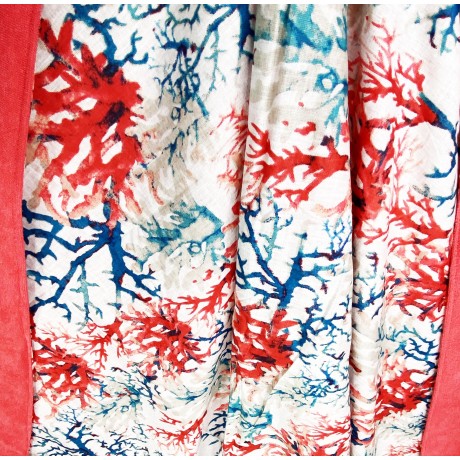 Kikoy beach towel printed with blue and pink corals 2