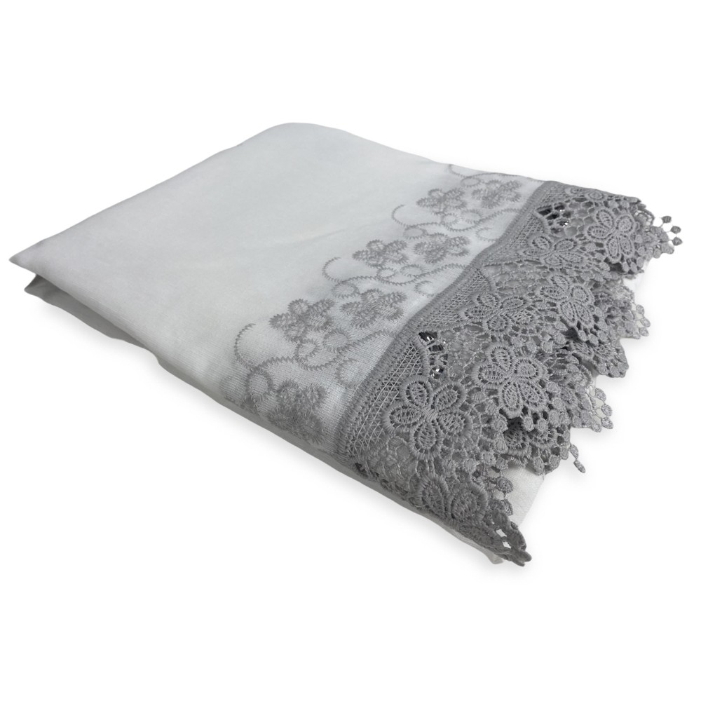 GRAUER MAKRAMEE-VORHANG MIT BLUMENSPITZE CM.140X280