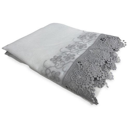 GRAUER MAKRAMEE-VORHANG MIT BLUMENSPITZE CM.140X280