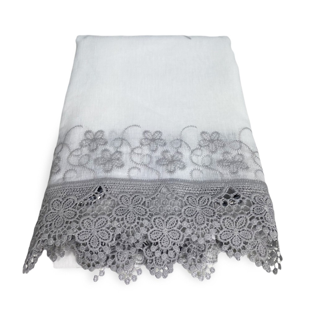 GRAUER MAKRAMEE-VORHANG MIT BLUMENSPITZE CM.140X280