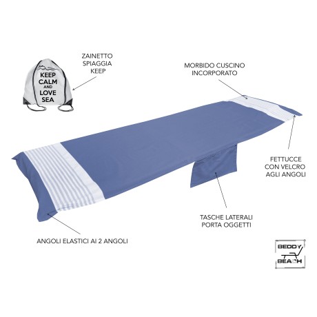 Blue cotton sunbed beach towel with corners 2