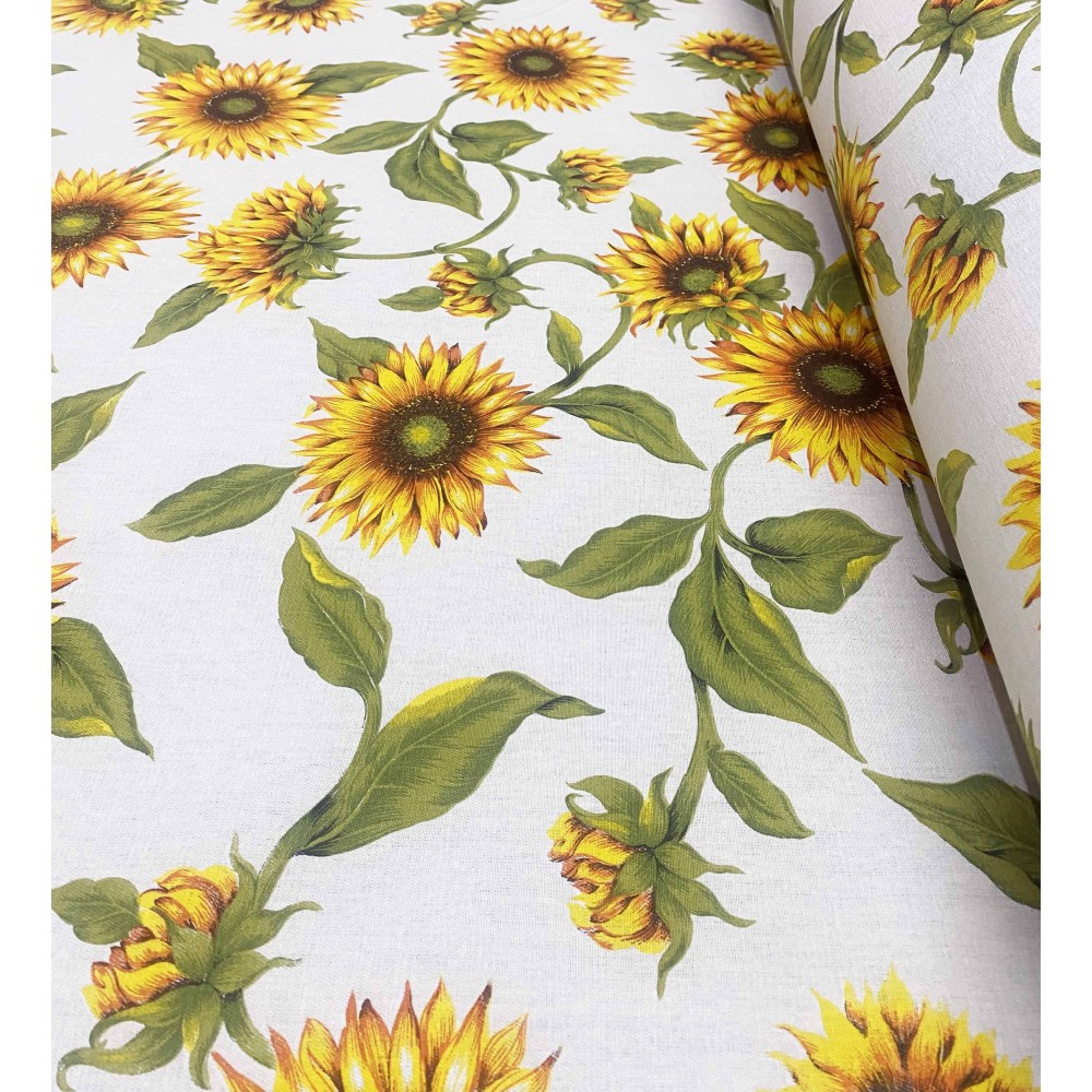 BEDRUCKTER SONNENMARKISENSTOFF mit SONNENBLUMEN und GRÜN VERBUNDEN auf einer Seite vom Außenbereich GARTENBALKON bis METERHÖHE c