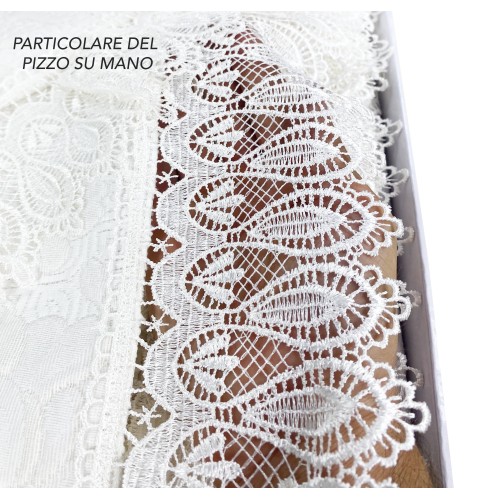 GRETA SATCHEL BOX WITH MACRAMÉ LACE EMBROIDERED CREAM DOUBLE BED SHEET AND BEDSPREAD BRIDAL IDEA