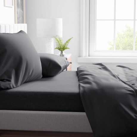 SHEET SET in soft microfiber SOLID COLOR DARK GRAY Double 2 SQUARES no iron