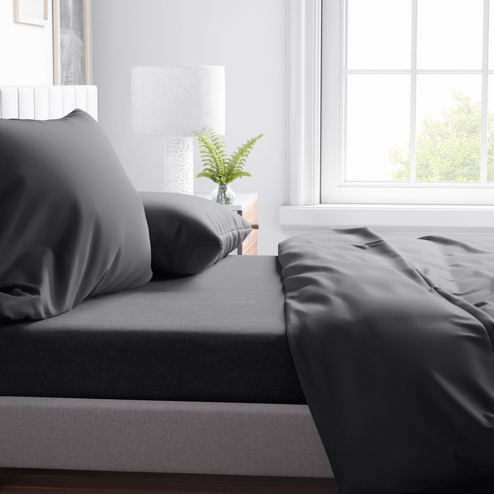SHEET SET in soft microfiber SOLID COLOR DARK GRAY Double 2 SQUARES no iron