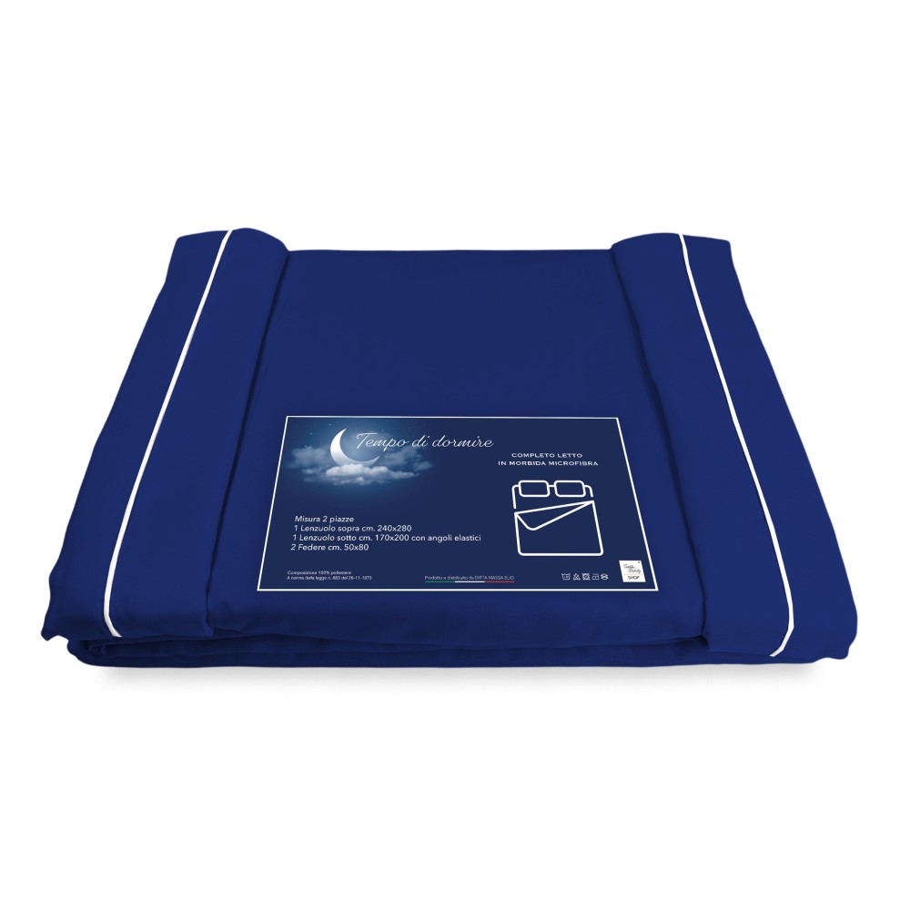 COMPLETO LENZUOLO in morbida microfibra TINTA unita BLU Matrimoniale 2 PIAZZE no stiro
