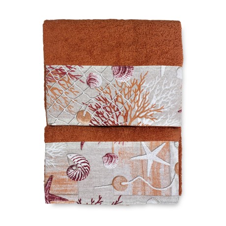 TOWEL SET with RED CORAL border in pure cotton Made in Italy