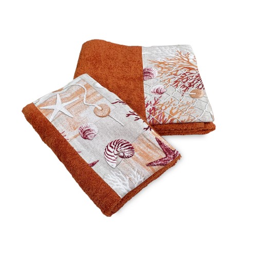 HANDTUCH-SET mit RED CORAL Bordüre aus reiner Baumwolle Made in Italy