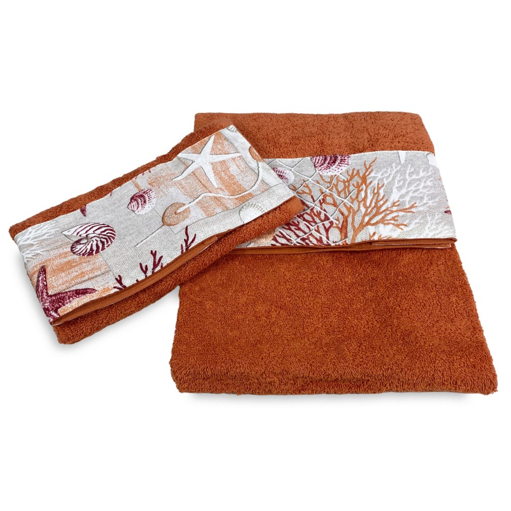 HANDTUCH-SET mit RED CORAL Bordüre aus reiner Baumwolle Made in Italy