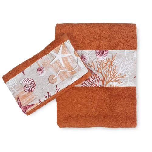 TOWEL SET with RED CORAL border in pure cotton Made in Italy