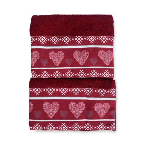 SET asciugamani con bordo tirolese CUORE ROSSO in puro cotone Made in Italy