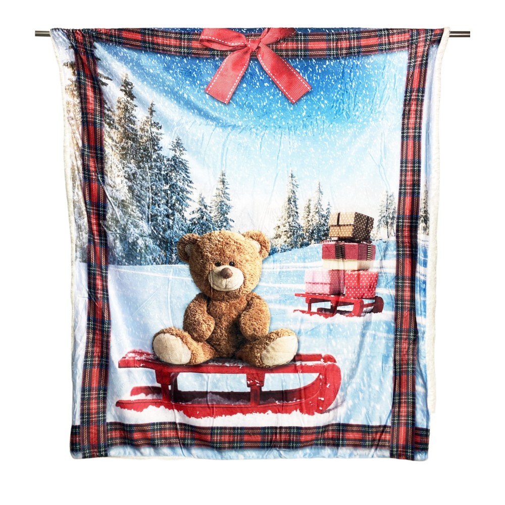 Manta a cuadros FORRO POLAR SHERPA TRINEO FOTOGRÁFICO DIGITAL OSITO DE PELUCHE