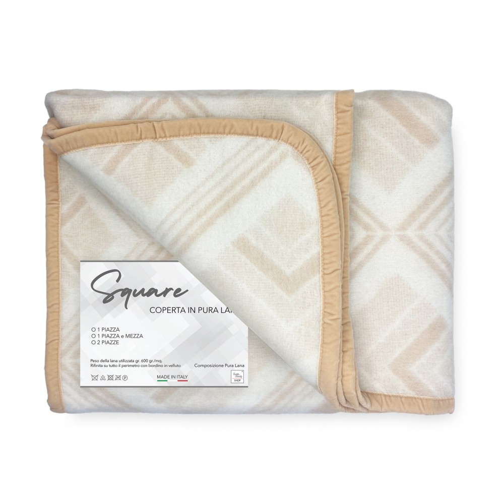 COPERTA SQUARE in vera Pura LANA morbida e calda colore Naturale