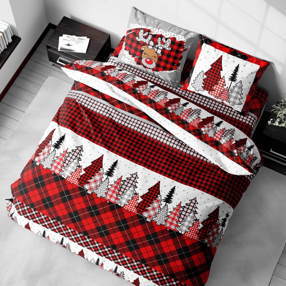 Funda nórdica de puro algodón con estampado de reno, motivo escocés rojo y negro, Made in Italy