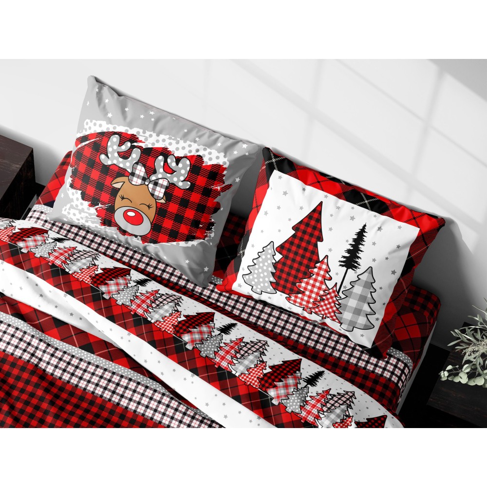 Pure Cotton Duvet Cover with Reindeer Print, Red and Black Scottish Motif, Made in Italy