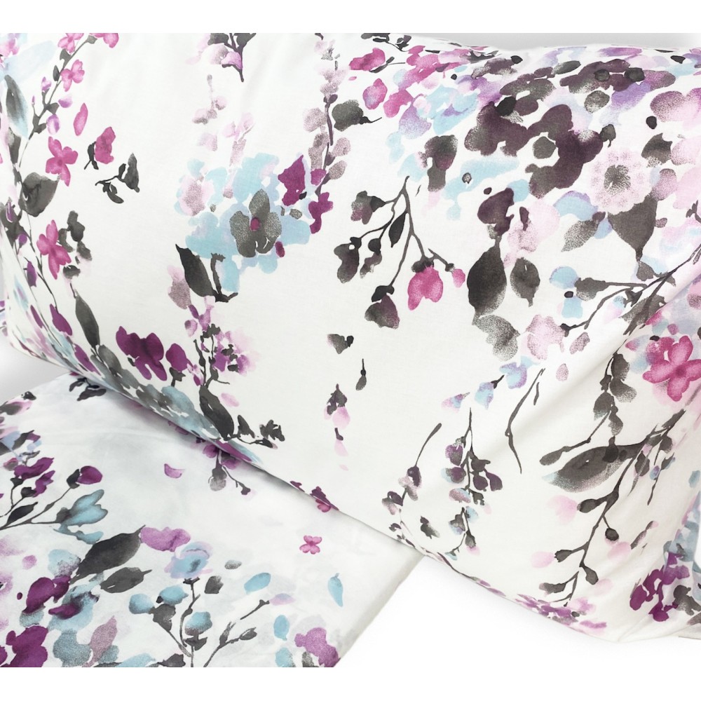 Sábanas de franela con flor estilizada rosa sobre sábana y fundas de almohada, estilo clásico y moderno