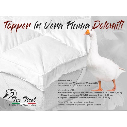 TOPPER para colchón de plumón de ganso TEX TIROL © DOLOMITI 50% Plumón de Ganso / 50% Pluma de Ganso
